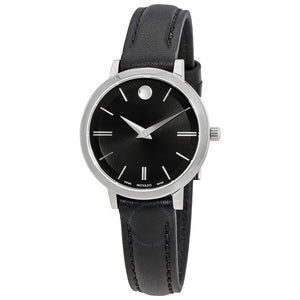 Movado Ultra Slim Black Dial Black Leather Strap Watch For Women - 0607094 Authentic Buy Shop Now