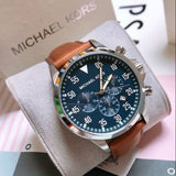 Michael Kors Gage Chronograph Blue Dial Brown Leather Strap Watch For Men - MK8362 Authentic Buy Shop Now