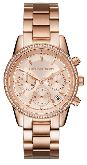 Michael Kors Ritz Chronograph Rose Gold Dial Rose Gold Steel Strap Watch for Women - MK6357 Authentic Buy Shop Now