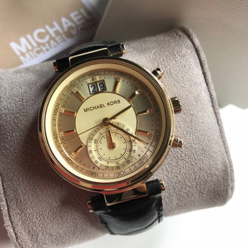 Michael Kors Sawyer Champagne Dial Black Leather Strap Watch for Women - MK2433 Authentic Buy Shop Now