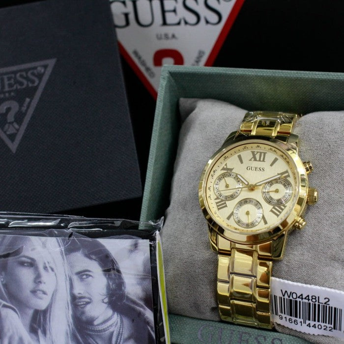 Guess Mini Sunrise Quartz Gold Dial Gold Steel Strap Watch For Women - W0448L2 Authentic Buy Shop Now