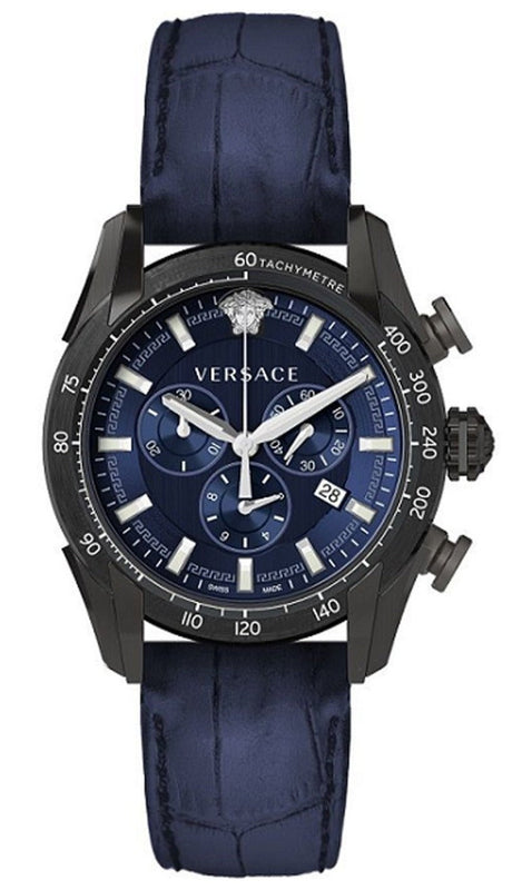 Versace V-Ray Chronograph Quartz Blue Dial Black Leather Strap Watch For Men - VEDB00418 Authentic Buy Shop Now