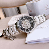 Fossil Forrester Automatic Skeleton Black Dial Silver Steel Strap Watch for Men - ME3180 Authentic Buy Shop Now