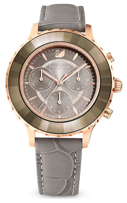 Swarovski Octea Lux Chrono Grey Dial Grey Leather Strap Watch for Women - 5452495 Authentic Buy Shop Now