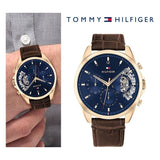 Tommy Hilfiger Baker Chronograph Blue Dial Brown Leather Strap Watch For Men - 1710453 Authentic Buy Shop Now