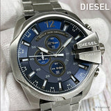 Diesel Mega Chief Chronograph Blue Dial Silver Steel Strap Watch For Men - DZ4417 Authentic Buy Shop Now