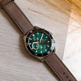 Tommy Hilfiger Larson Chronograph Green Dial Brown Leather Strap Watch For Men - 1791983 Authentic Buy Shop Now