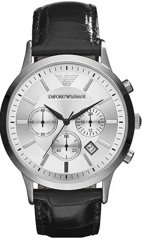 Emporio Armani Renato Chronograph Silver Dial Black Leather Strap Watch for Men - AR2436 Authentic Buy Shop Now
