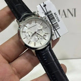 Emporio Armani Renato Chronograph Silver Dial Black Leather Strap Watch for Men - AR2436 Authentic Buy Shop Now
