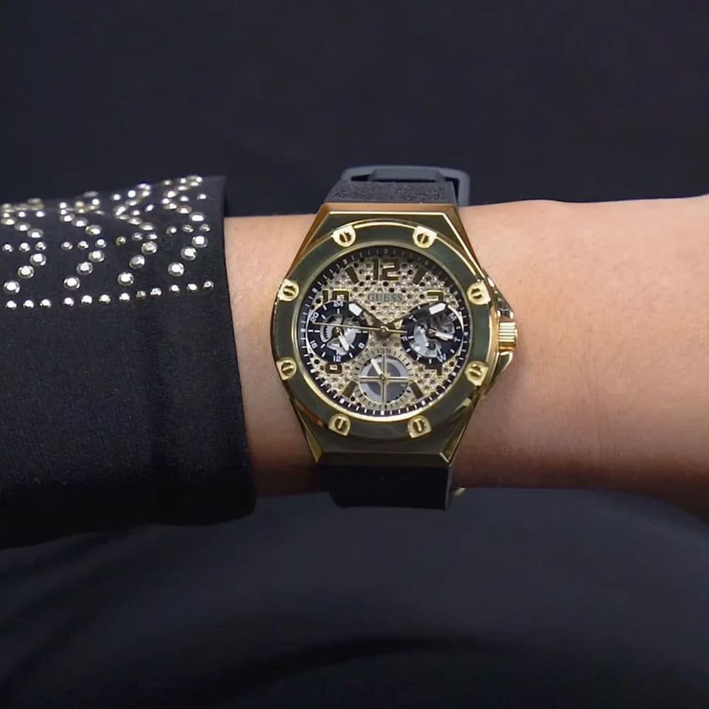 Guess Asteria Multifunction Gold Dial Black Rubber Strap Watch For Women - GW0620L2 Authentic Buy Shop Now