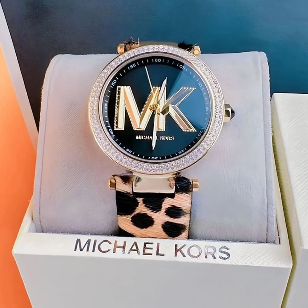 Michael Kors Parker Black Dial Cheetah Print Brown Leather Strap Watch For Women - MK4723 Authentic Buy Shop Now
