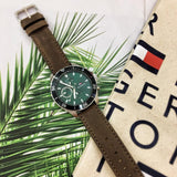Tommy Hilfiger Larson Chronograph Green Dial Brown Leather Strap Watch For Men - 1791983 Authentic Buy Shop Now