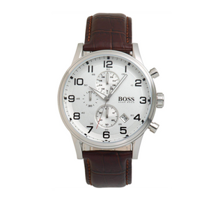 Hugo Boss Aeroliner Chronoraph White Dial Brown Leather Strap Watch For Men - HB1512447 Authentic Buy Shop Now