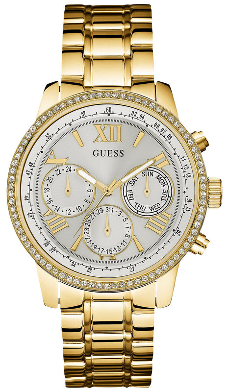 Guess Multi-function Diamonds White Dial Gold Steel Strap Watch for Women - W0559L2 Authentic Buy Shop Now