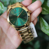 Michael Kors Slim Runway Green Dial Gold Steel Strap Watch for Women - MK3435 Authentic Buy Shop Now