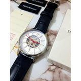 Emporio Armani Meccanico Silver Skeleton Dial Black Leather Strap Watch For Men - AR2072 Authentic Buy Shop Now