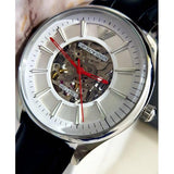 Emporio Armani Meccanico Silver Skeleton Dial Black Leather Strap Watch For Men - AR2072 Authentic Buy Shop Now