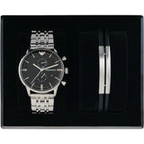Emporio Armani Gianni Chronograph Black Dial Silver Steel Strap Watch For Men - AR80009 Authentic Buy Shop Now