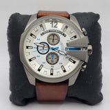 Diesel Mega Chief Chronograph White Dial Brown Leather Strap Watch For Men - DZ4280 Authentic Buy Shop Now