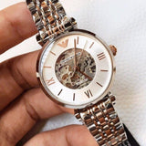Emporio Armani Gianni T Bar Silver Skeleton Dial Two Tone Strap Watch For Women - AR1992 Authentic Buy Shop Now