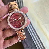Michael Kors Parker Chronograph Red Dial Rose Gold Steel Strap Watch For Women - MK6106 Authentic Buy Shop Now