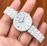Emporio Armani Giannti T Bar Quartz Mother of Pearl Dial White Steel Strap Watch For Women - AR1485 Authentic Buy Shop Now
