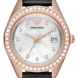Emporio Armani Cleo Three-Hand Mother of Pearl Dial Black Leather Strap Watch For Women - AR11485 Authentic Buy Shop Now
