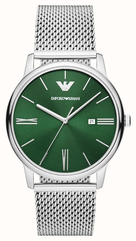 Emporio Armani Minimalist Quartz Green Dial Silver Mesh Bracelet Watch For Men - AR11578 Authentic Buy Shop Now