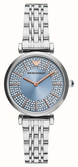 Emporio Armani Gianni T-Bar Quartz Blue Dial Silver Steel Strap Watch For Women - AR11594 Authentic Buy Shop Now