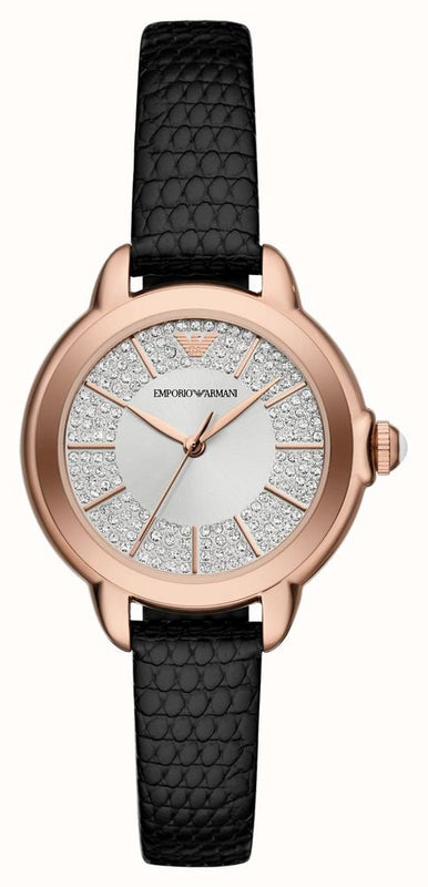 Emporio Armani Mia Three Hand Crystals Silver Dial Black Leather Strap Watch For Women - AR11631 Authentic Buy Shop Now