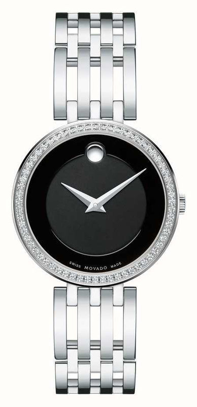 Movado Esperanza 63 Diamonds Black Dial Silver Steel Strap Watch For Women - 0607052 Authentic Buy Shop Now
