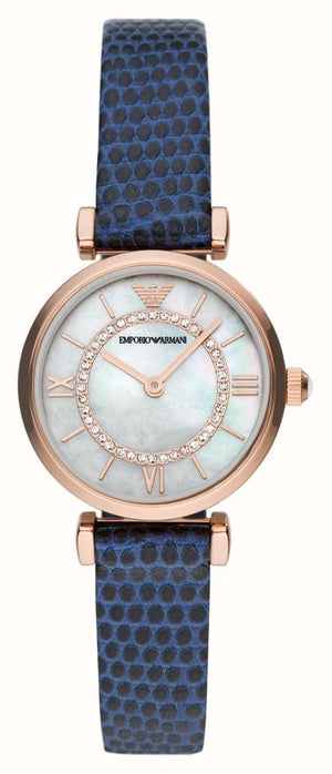 Emporio Armani Gianni T-Bar Analog Mother of Pearl Dial Blue Leather Strap Watch For Women - AR11468 Authentic Buy Shop Now