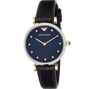 Emporio Armani Gianni T Bar Analog Blue Dial Black Leather Strap Watch For Women - AR1989 Authentic Buy Shop Now