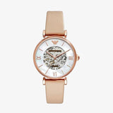 Emporio Armani Meccanico Silver Skeleton Dial Beige Leather Strap Watch For Women - AR60001 Authentic Buy Shop Now