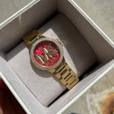 Michael Kors Camille Analog Red Dial Gold Steel Strap Watch For Women - MK7196 Authentic Buy Shop Now