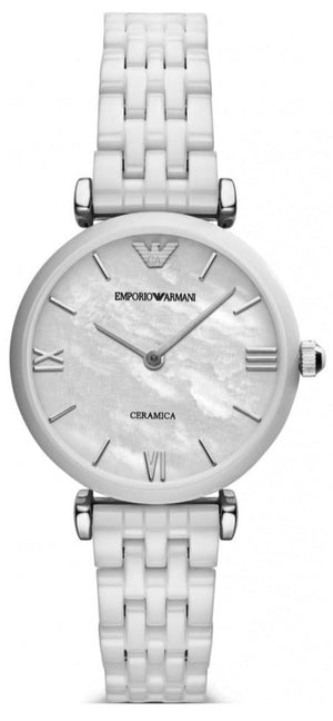 Emporio Armani Giannti T Bar Quartz Mother of Pearl Dial White Steel Strap Watch For Women - AR1485 Authentic Buy Shop Now