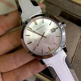 Burberry The City Silver Dial White Leather Strap Watch for Women - BU9019 Authentic Buy Shop Now