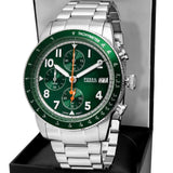 Fossil Sport Tourer Chronograph Green Dial Silver Steel Strap Watch for Men - FS6048 Authentic Buy Shop Now