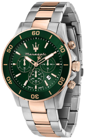 Maserati Competizione Chronograph Green Dial Two Tone Steel Strap Watch For Men - R8873600004 Authentic Buy Shop Now
