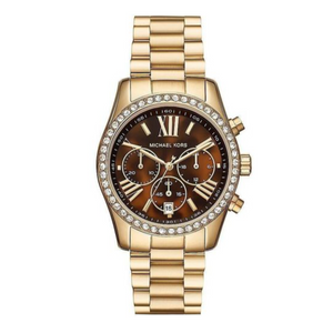 Michael Kors Lexington Chronograph Brown Dial Gold Steel Strap Watch For Women - MK7276 Authentic Buy Shop Now