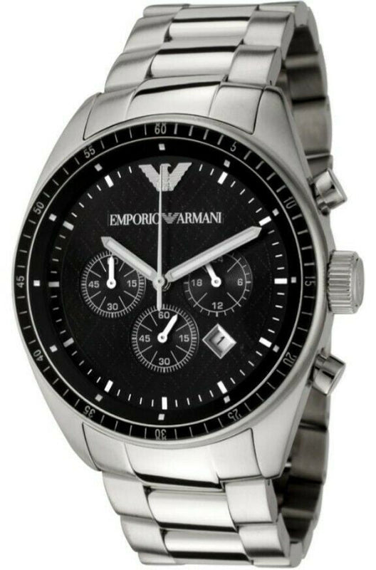 Emporio Armani Sportivo Chronograph Black Dial Silver Stainless Steel Watch For Men - AR0585 Authentic Buy Shop Now