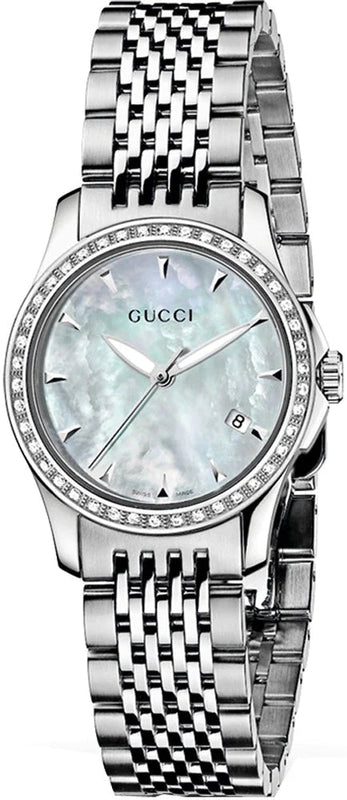 Gucci G Timeless Diamonds Mother of Pearl Dial Silver Steel Strap Watch For Women - YA126506 Authentic Buy Shop Now