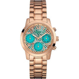 Guess Mini Sunrise Multi Function Analog Turquoise Dial Rose Gold Steel Strap Watch For Women - W0448L8 Authentic Buy Shop Now