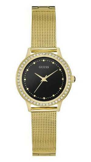 Guess Chelsea Crystals Black Dial Gold Mesh Bracelet Watch For Women - W0647L8 Authentic Buy Shop Now