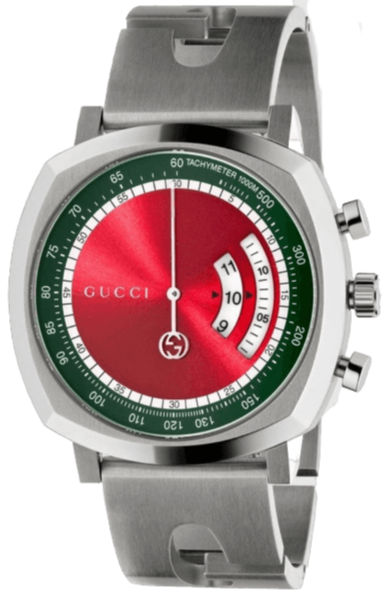Gucci Grip Quartz Chronograph Red Dial Silver Steel Strap Watch For Men - YA157303 Authentic Buy Shop Now