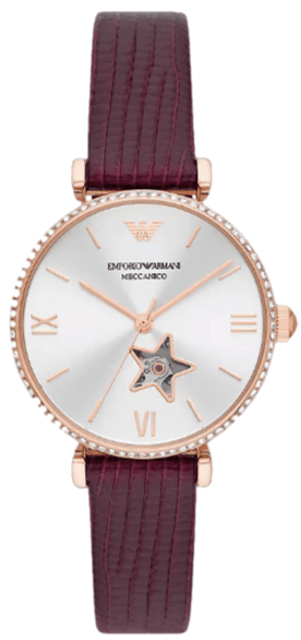 Emporio Armani Meccanico Automatic Silver Dial Burgundy Leather Strap Watch For Women - AR60044 Authentic Buy Shop Now