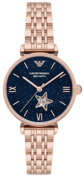 Emporio Armani Meccanico Crystals Black Dial Rose Gold Steel Strap Watch For Women - AR60043 Authentic Buy Shop Now