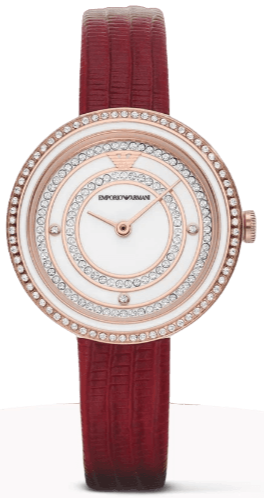 Emporio Armani Two-Hand Analog White Dial Red Leather Strap Watch For Women - AR11532 Authentic Buy Shop Now