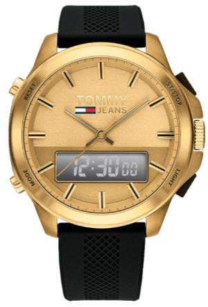Tommy Hilfiger Jeans Digital Analog Gold Dial Black Rubber Strap Watch For Women - 1791762 Authentic Buy Shop Now