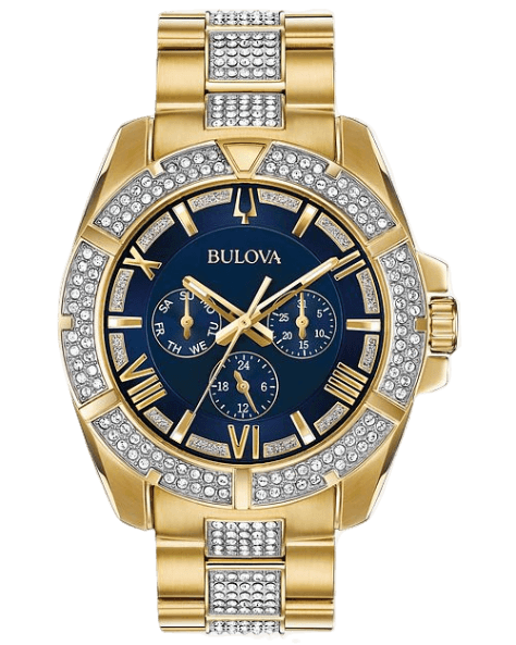Bulova Crystal Collection Blue Dial Gold Steel Strap Watch for Men - 98C128 Authentic Buy Shop Now